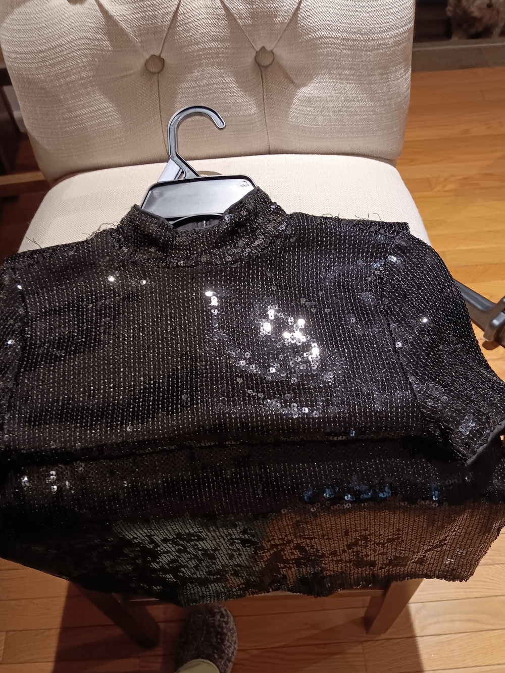 Girls Black Sequin Mock-Neck Top